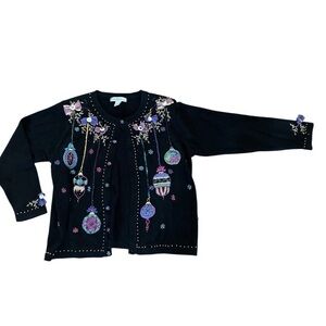 Vintage Y2K Arriviste Beaded Holiday Ornament Cardigan Large Pink Purple